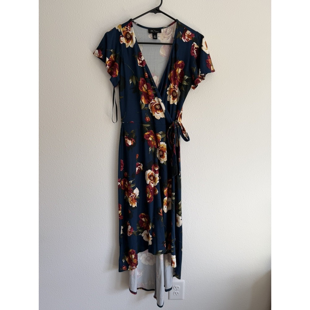 BCX Women's Floral Wrap Dress Blue Flutter Sleeves High-Low Hem Size M Fall